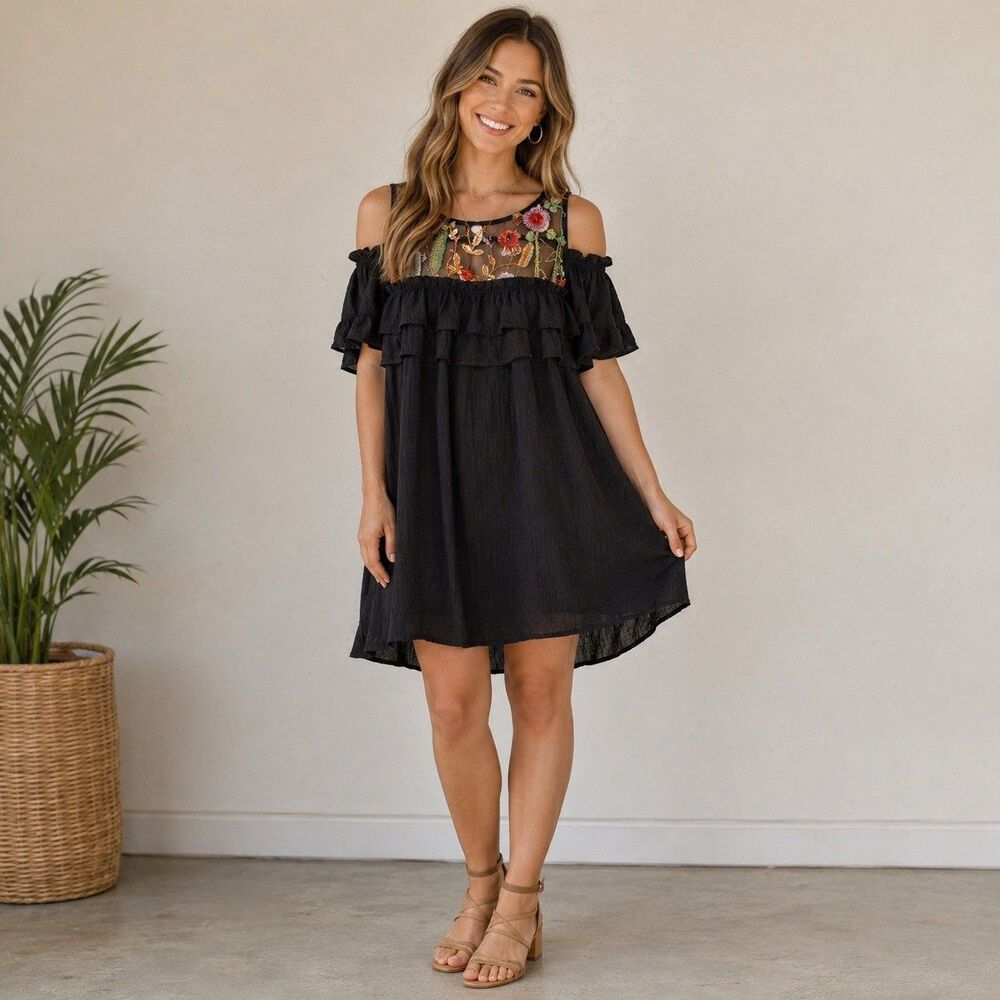 Umgee Black Cold-Shoulder Midi Dress with Floral Embroidered Yoke